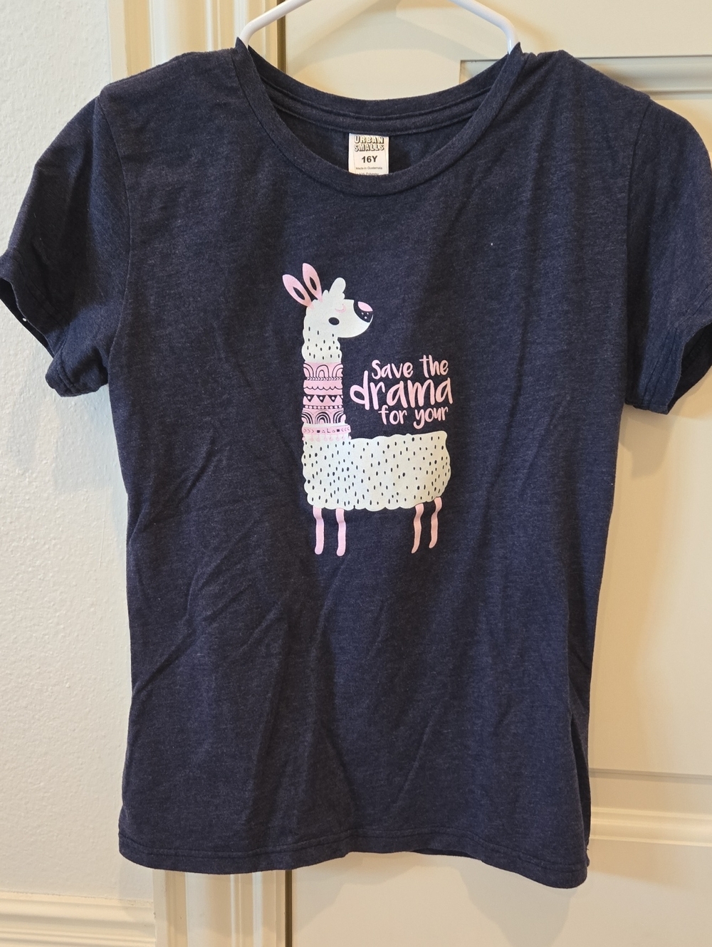 Girls Navy Short-Sleeve Tee with Pink Llama Graphic - 16Y
